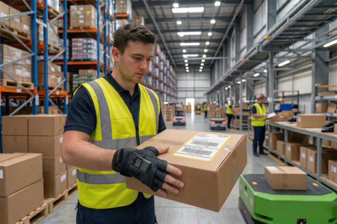 Wearable scanners enable hands-free package handling for a continuous workflow.